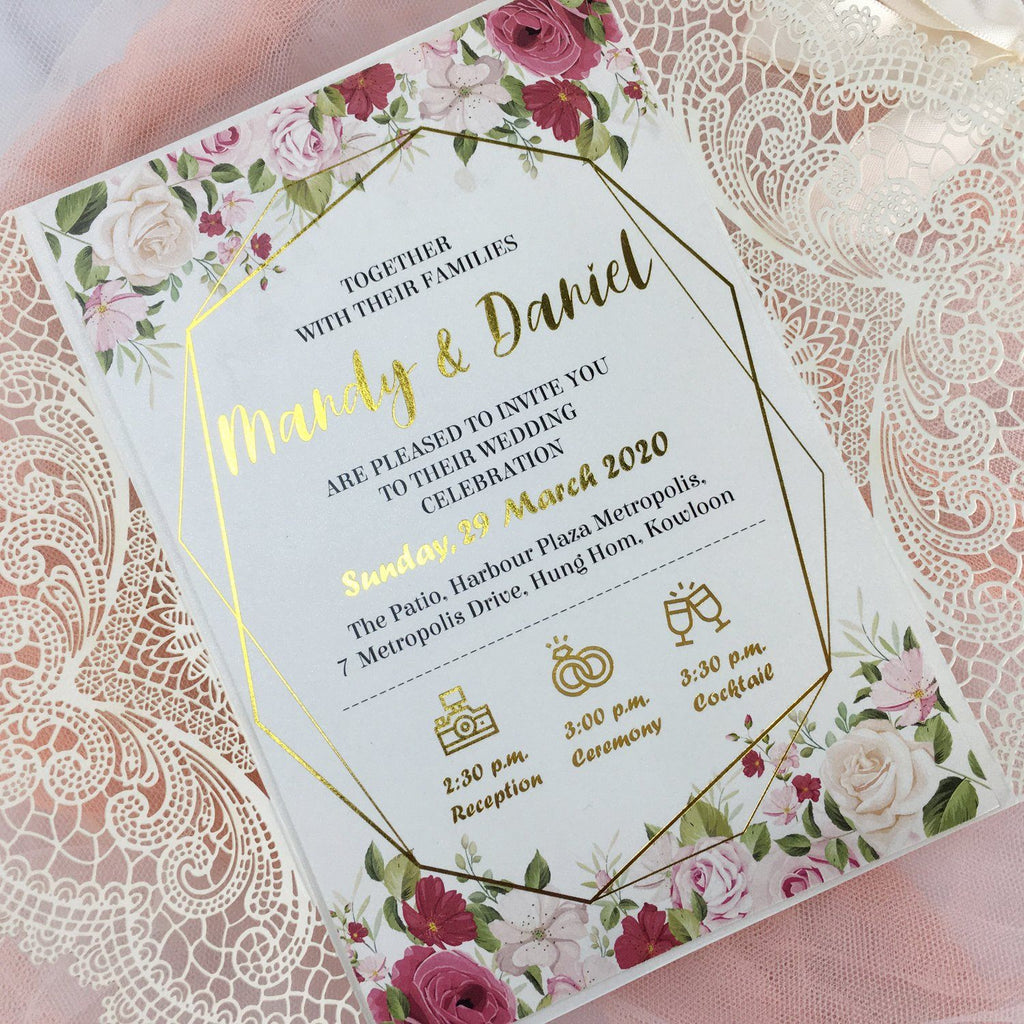 Picky Bride Gold Foil Wedding Invitation White Lace Hot Gold Stamping Invitation cards Picky Bride 