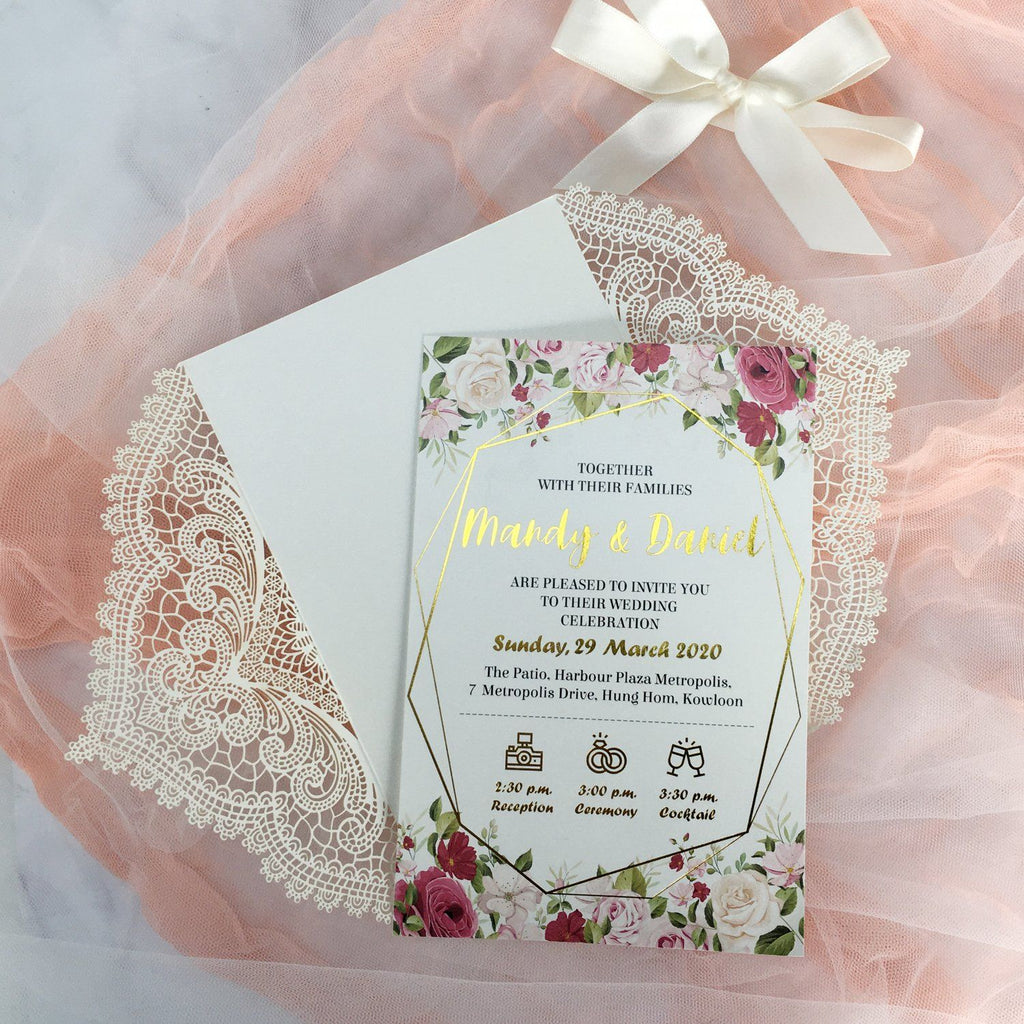 Picky Bride Gold Foil Wedding Invitation White Lace Hot Gold Stamping Invitation cards Picky Bride 