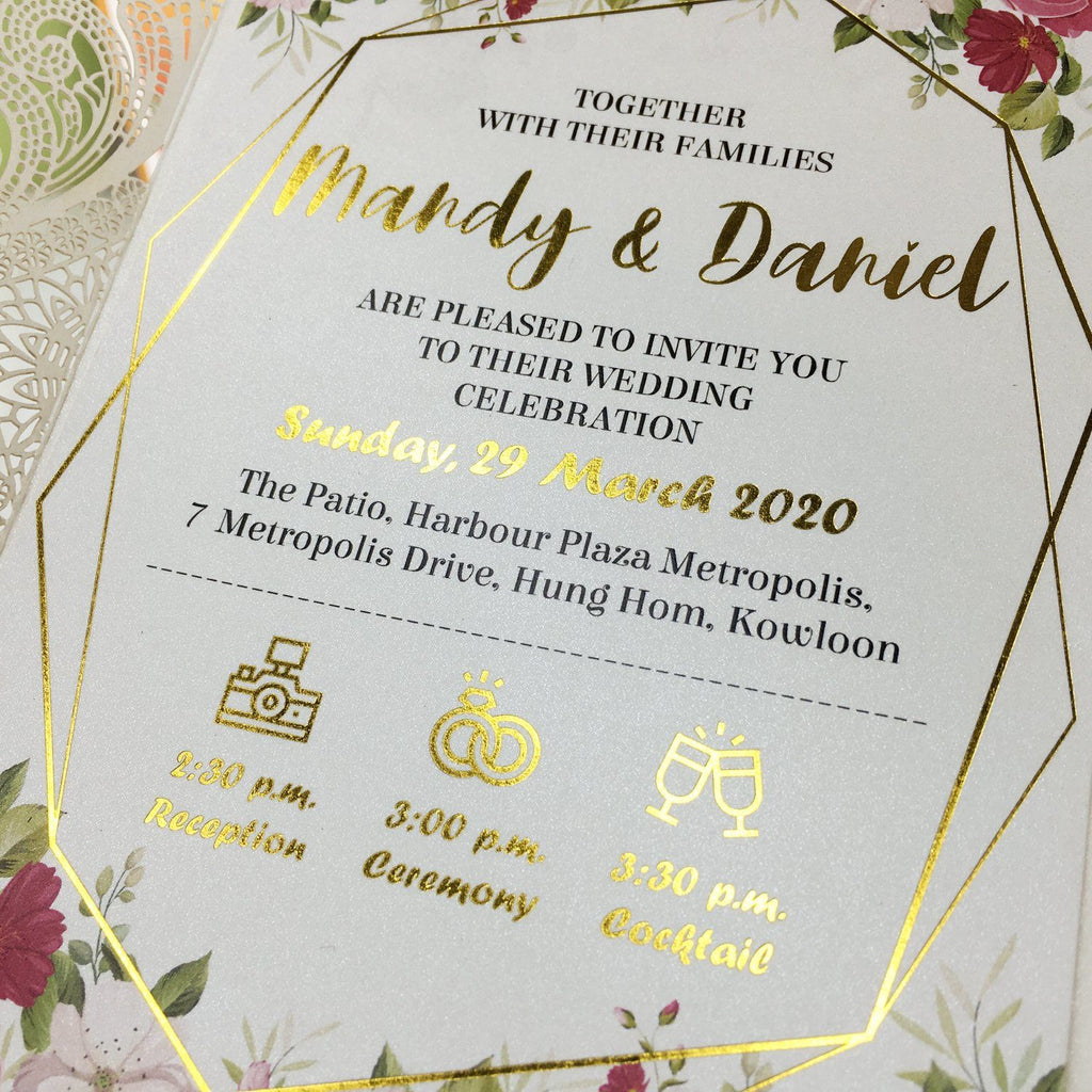 Picky Bride Gold Foil Wedding Invitation White Lace Hot Gold Stamping Invitation cards Picky Bride 