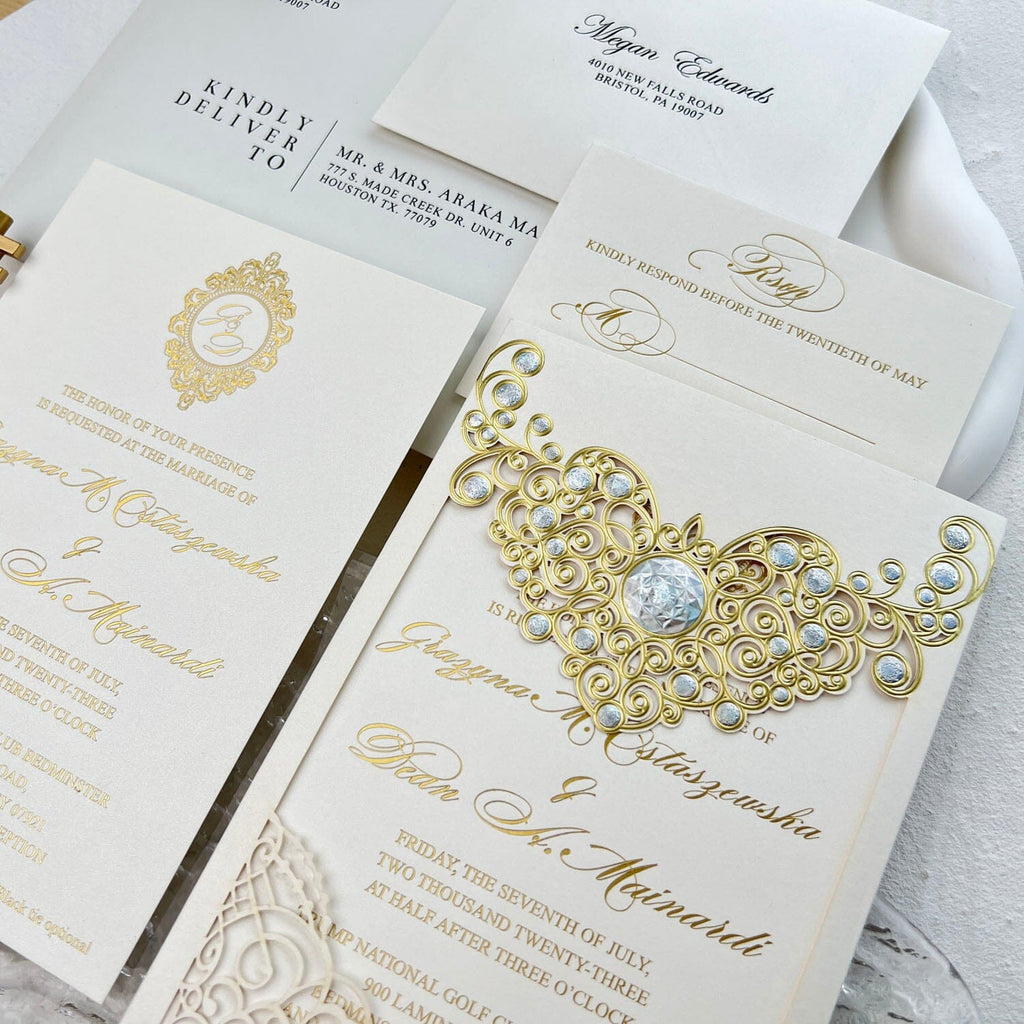 Picky Bride Gold Foil Wedding Invitations with RSVP, Pocket Invite Cards Customized Wording Wedding Ceremony Supplies Picky Bride 
