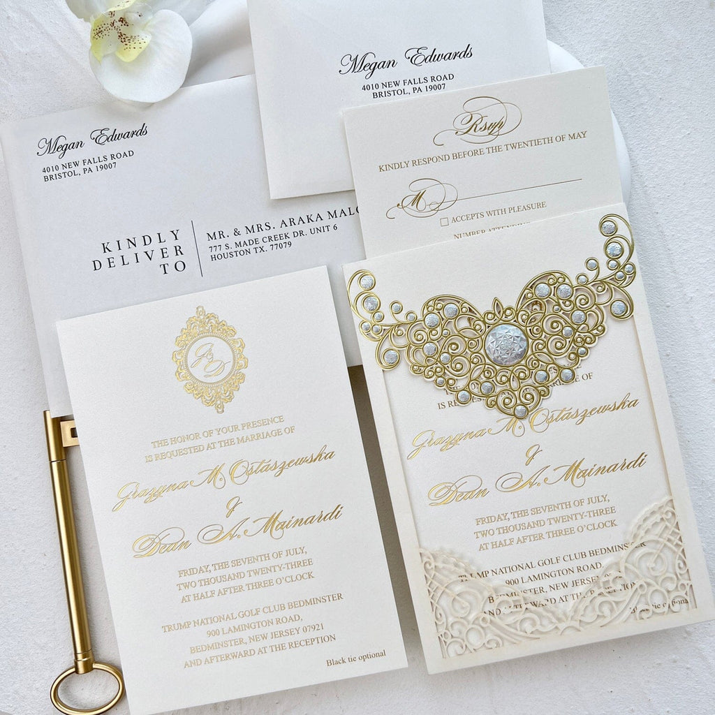 Picky Bride Gold Foil Wedding Invitations with RSVP, Pocket Invite Cards Customized Wording Wedding Ceremony Supplies Picky Bride 