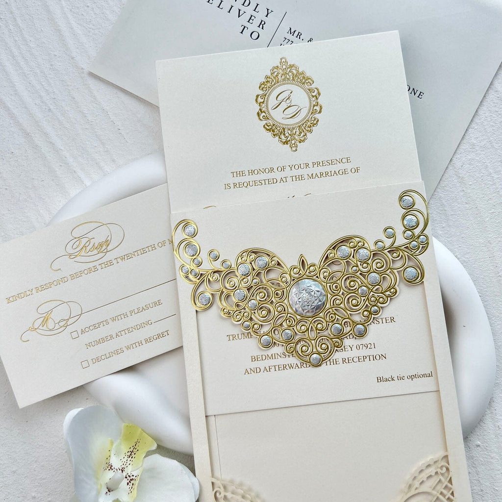 Picky Bride Gold Foil Wedding Invitations with RSVP, Pocket Invite Cards Customized Wording Wedding Ceremony Supplies Picky Bride 