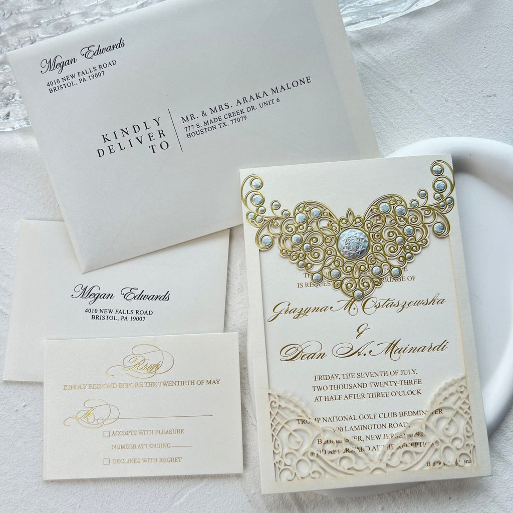 Picky Bride Gold Foil Wedding Invitations with RSVP, Pocket Invite Cards Customized Wording Wedding Ceremony Supplies Picky Bride 