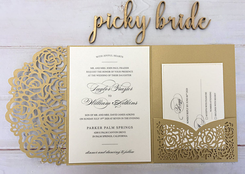 Picky Bride Gold Wedding Invitations Laser Cut Invitations With RSVP Cards Picky Bride 