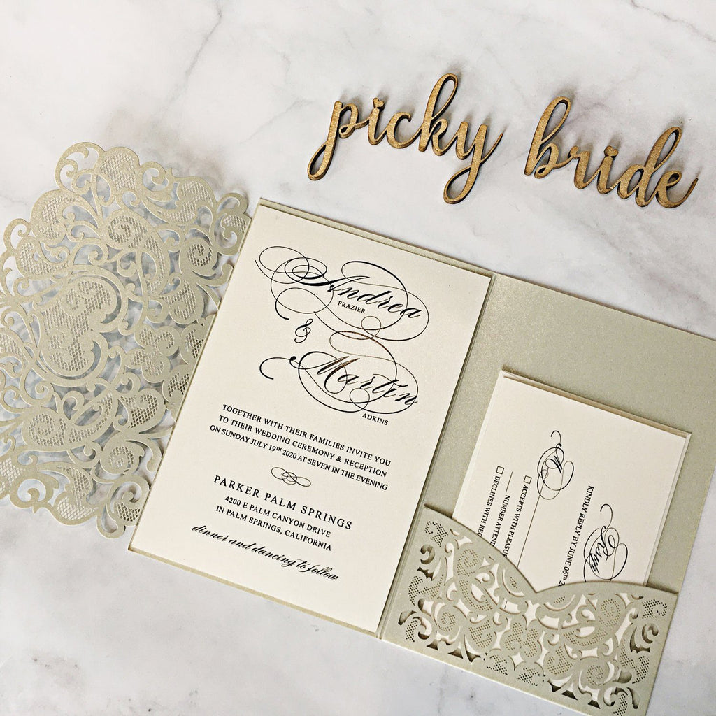 Picky Bride Gray Wedding Invitations Pocket Wedding Invite Cards with RSVP and Envelopes Silver Wedding Theme Picky Bride 