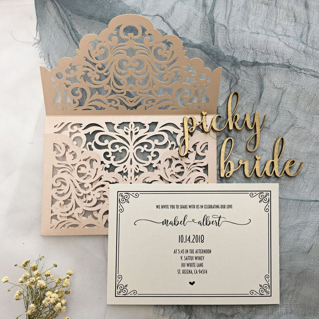 Picky Bride Laser Cut Pocket Wedding Invitations Lace Invitations Elegant Invite Cards for Wedding Picky Bride 