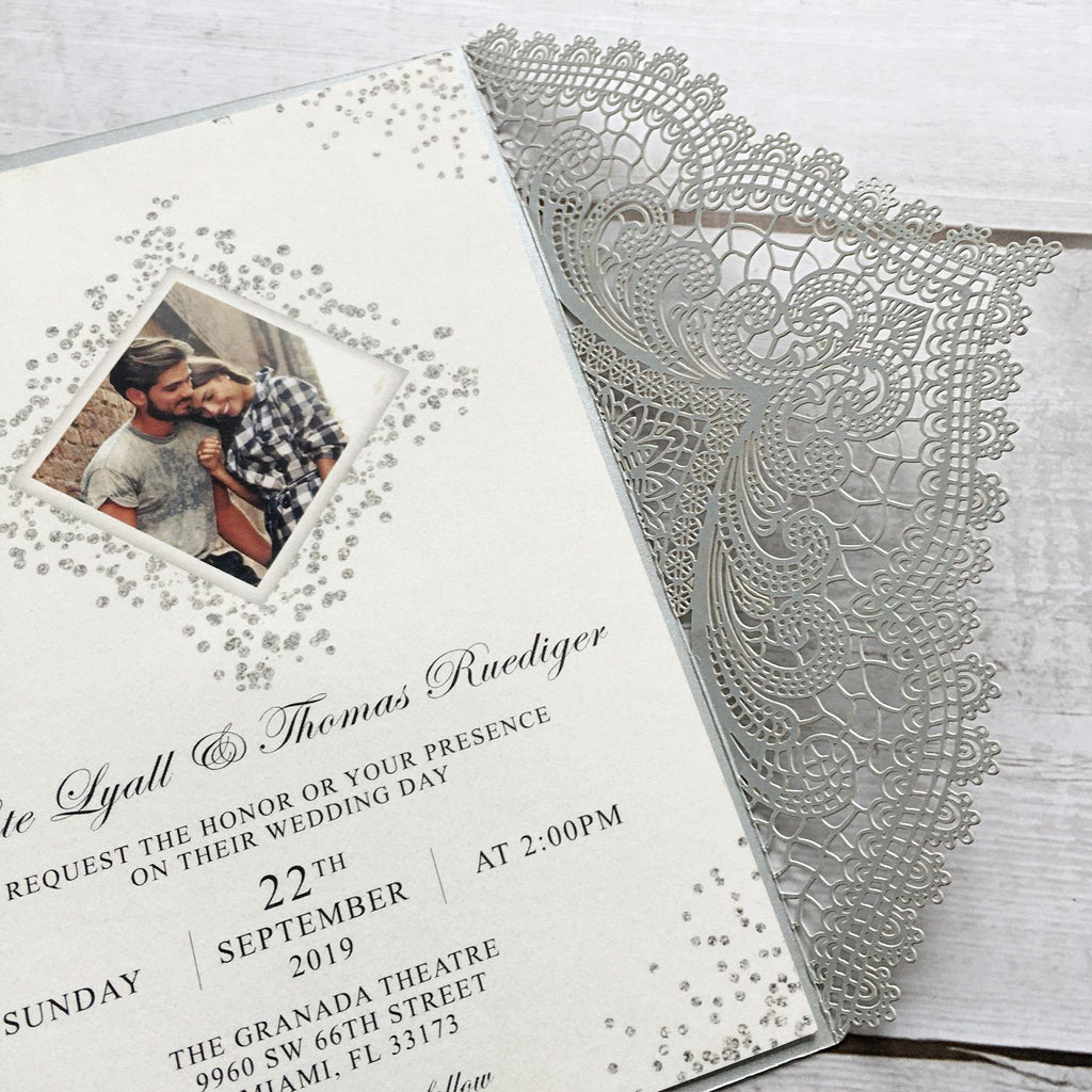 Picky Bride Laser Cut Silver Grey Wedding Invitations with Ribbon Bow Picky Bride 