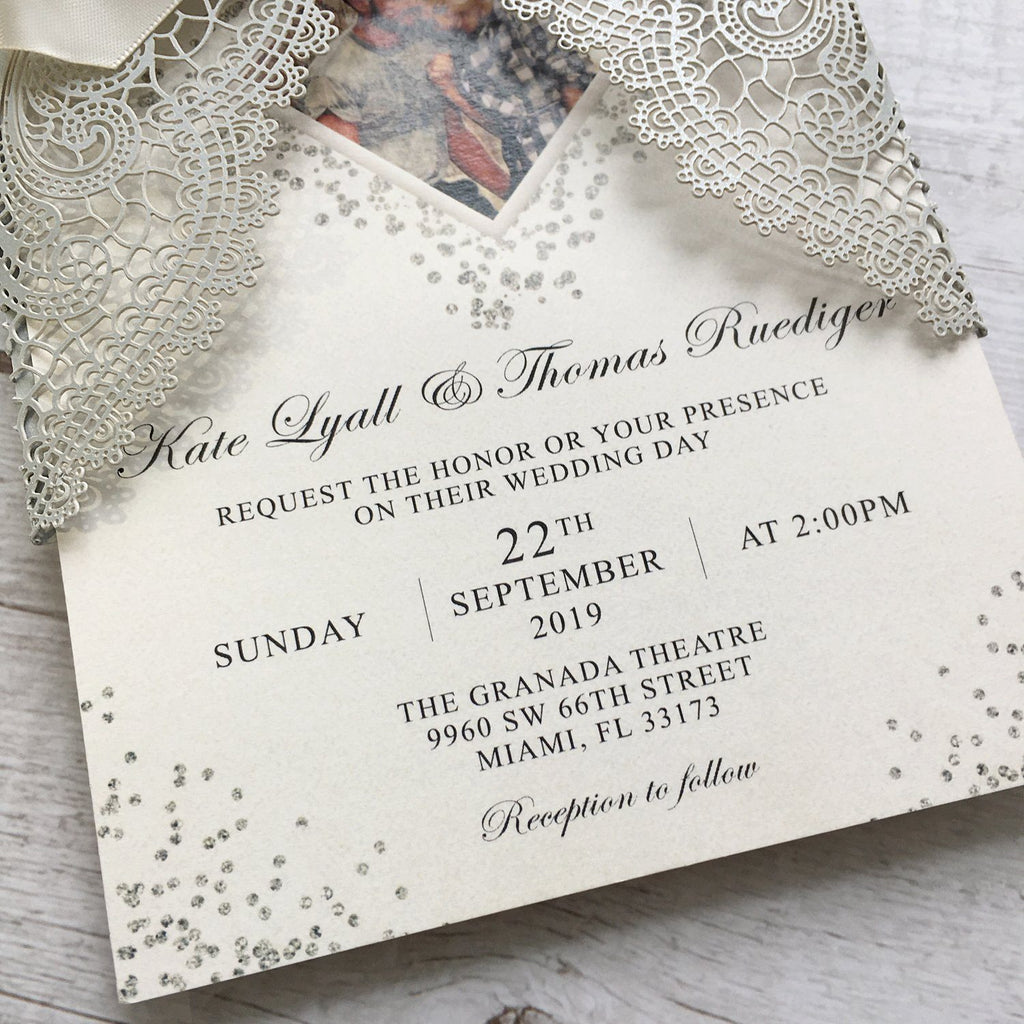 Picky Bride Laser Cut Silver Grey Wedding Invitations with Ribbon Bow Picky Bride 