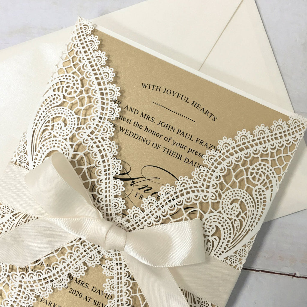 Picky Bride Laser Cut Wedding Invitations Pearl Paper Invitations White Lace Wedding Invitation With RSVP Picky Bride 