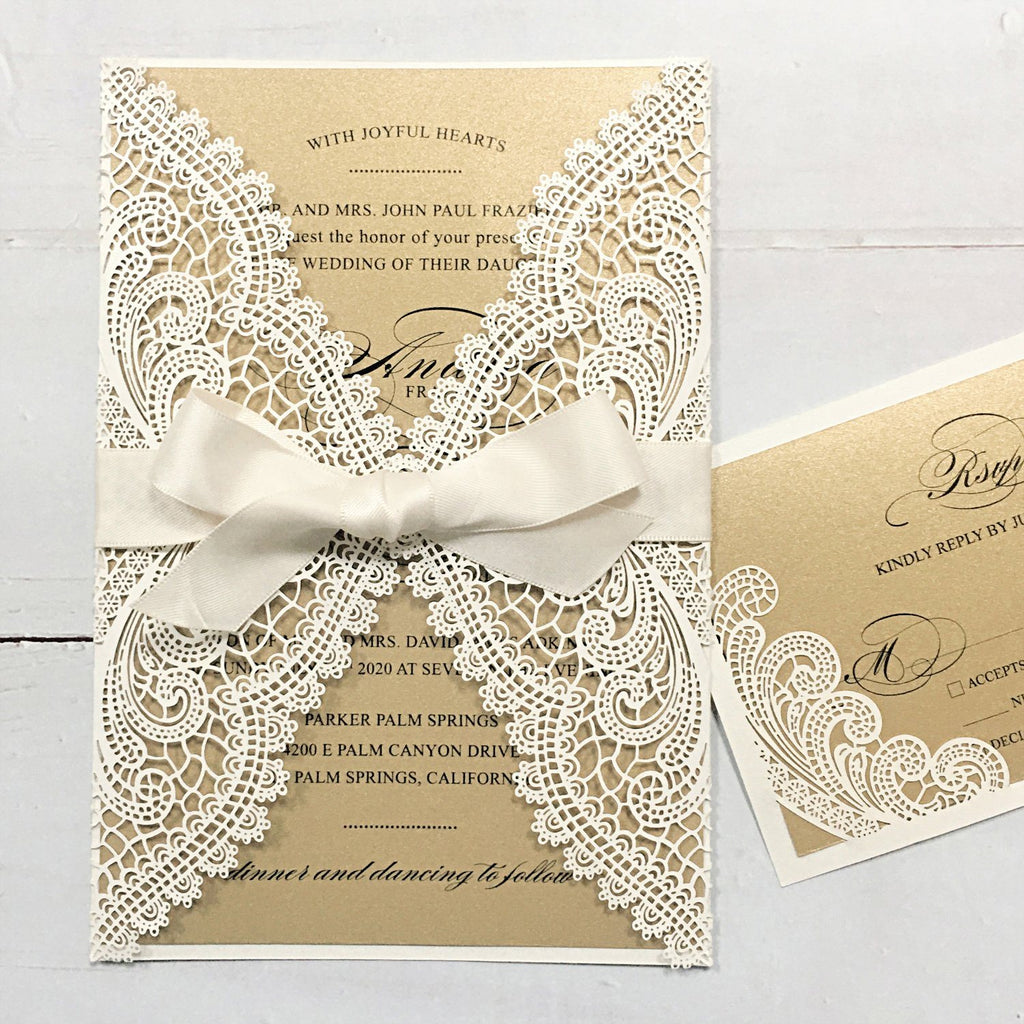 Picky Bride Laser Cut Wedding Invitations Pearl Paper Invitations White Lace Wedding Invitation With RSVP Picky Bride 