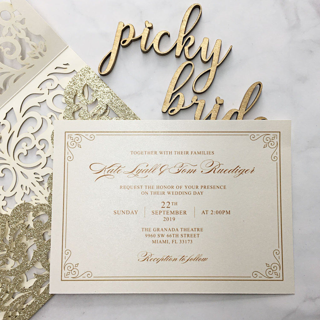 Picky Bride Luxury Glitter Gold Wedding Invitations Laser Cutting Invitation Cards With Envelope Picky Bride 