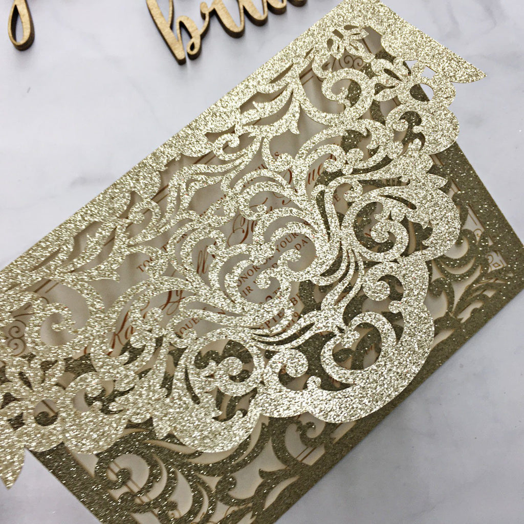 Picky Bride Luxury Glitter Gold Wedding Invitations Laser Cutting Invitation Cards With Envelope Picky Bride 