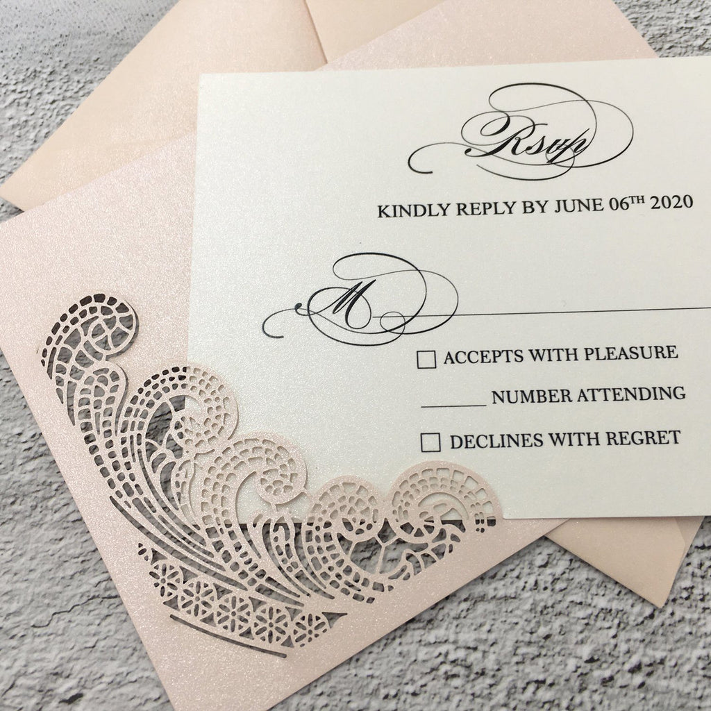 Picky Bride Pale Pink Wedding Invitations Laser Cut Invitations with Ivory Shimmer Insert Picky Bride 