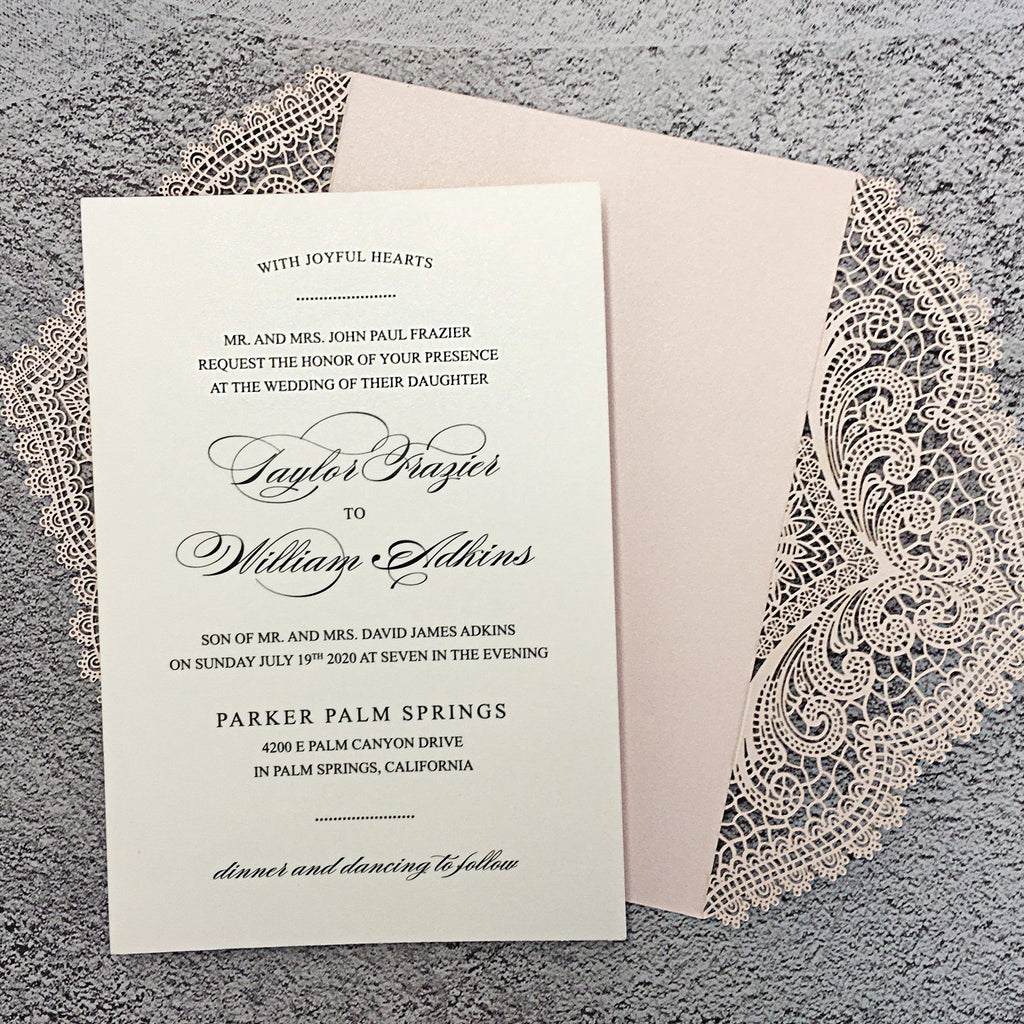 Picky Bride Pale Pink Wedding Invitations Laser Cut Invitations with Ivory Shimmer Insert Picky Bride 