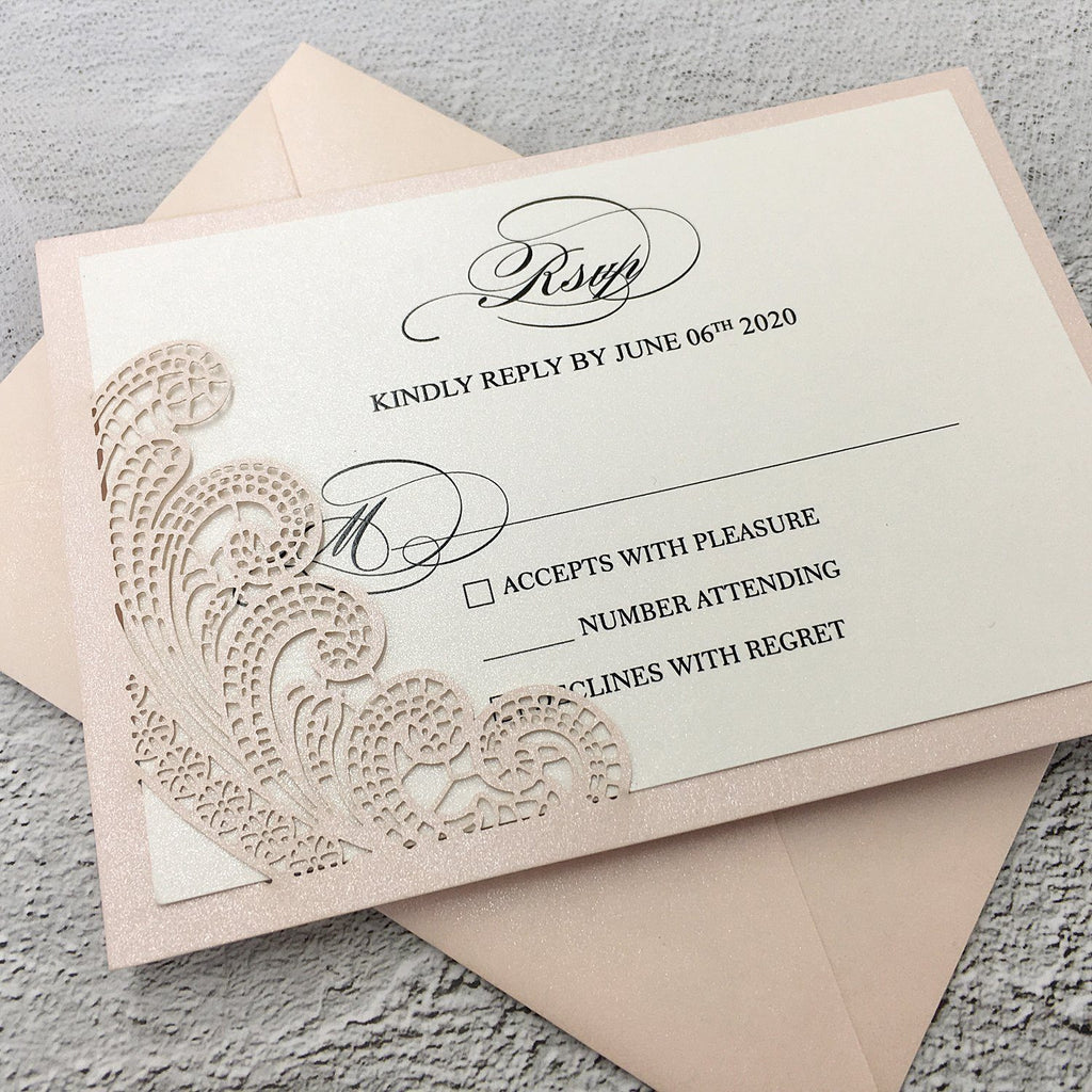 Picky Bride Pale Pink Wedding Invitations Laser Cut Invitations with Ivory Shimmer Insert Picky Bride 