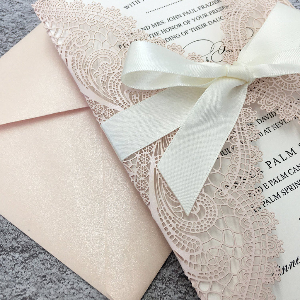 Picky Bride Pale Pink Wedding Invitations Laser Cut Invitations with Ivory Shimmer Insert Picky Bride 