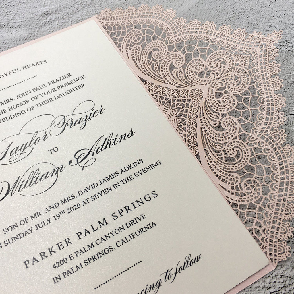 Picky Bride Pale Pink Wedding Invitations Laser Cut Invitations with Ivory Shimmer Insert Picky Bride 