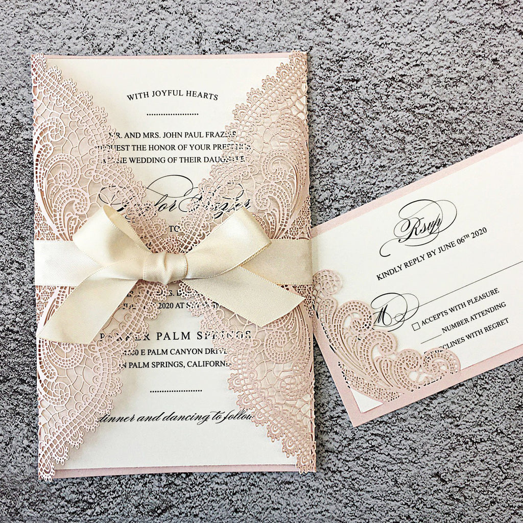 Picky Bride Pale Pink Wedding Invitations Laser Cut Invitations with Ivory Shimmer Insert Picky Bride Invitations + RSVP 30 x $3.8 ea. 