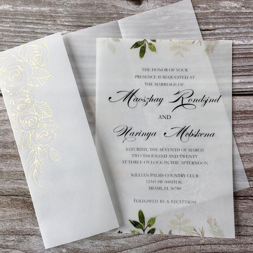 Floral Vellum Jackets for 5x7 Wedding Invitations Botantical Floral Vellum  Jackets | Set of 20 Printed Vellum Jackets | 5x7 Vellum Wraps