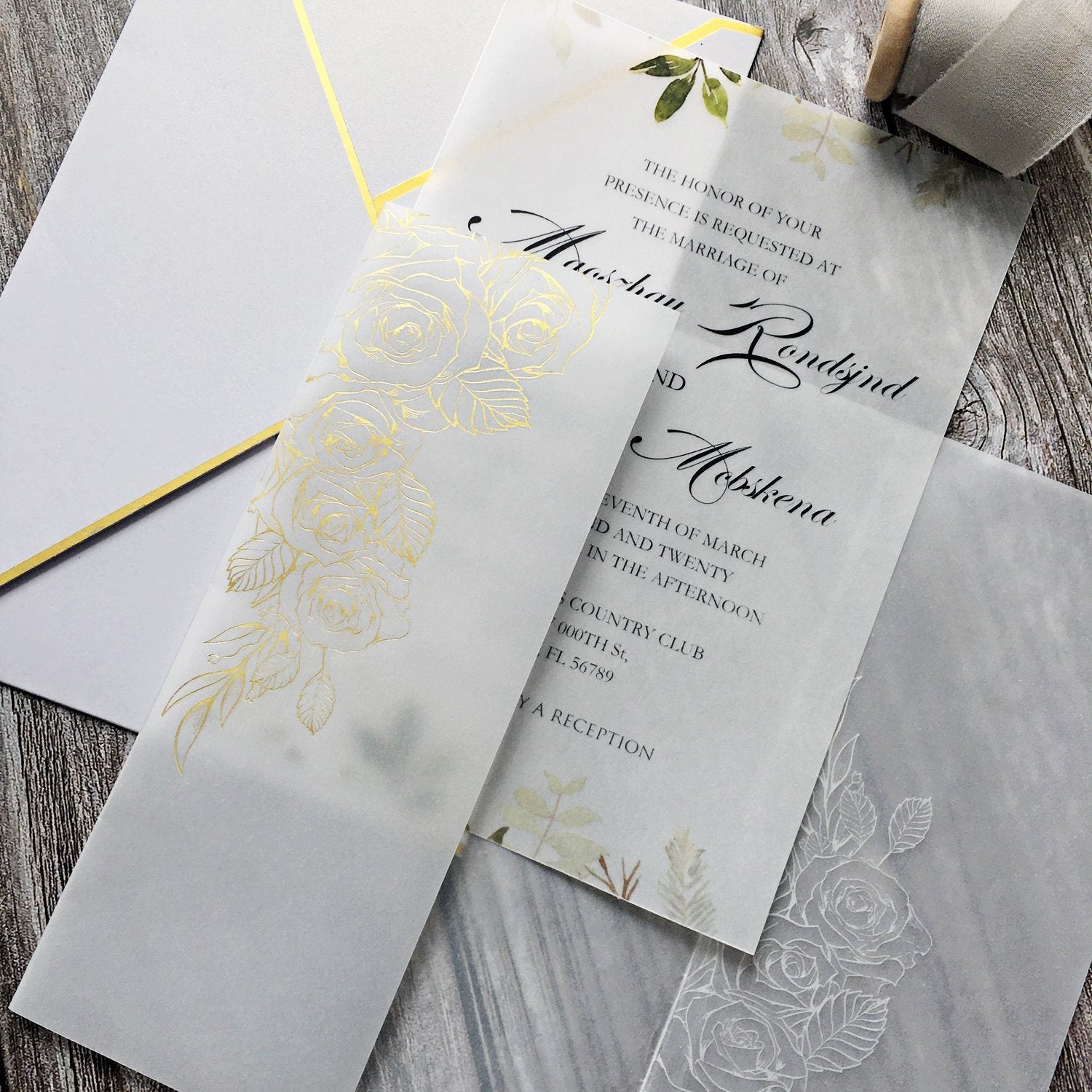 Picky Bride Vellum Wedding Invitations with Envelopes 5 x 7-inch Foil