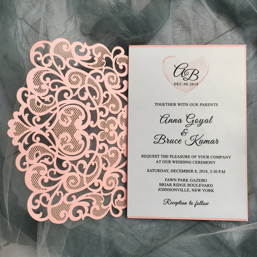 Pink Laser Cut Wedding Invitation suit, Unique Wedding Invitation Cards With RSVP Picky Bride 