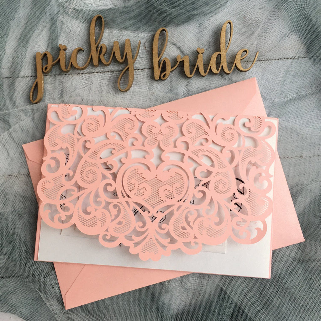 Pink Laser Cut Wedding Invitation suit, Unique Wedding Invitation Cards With RSVP Picky Bride 