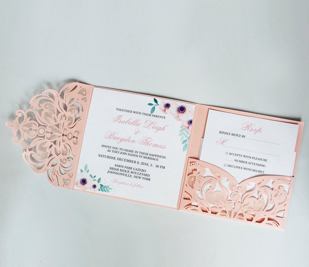 Pink Laser Cut Wedding Invitations Invites Card and RSVP Cards Picky Bride 