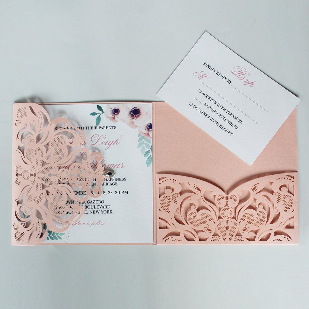 Pink Laser Cut Wedding Invitations Invites Card and RSVP Cards Picky Bride 