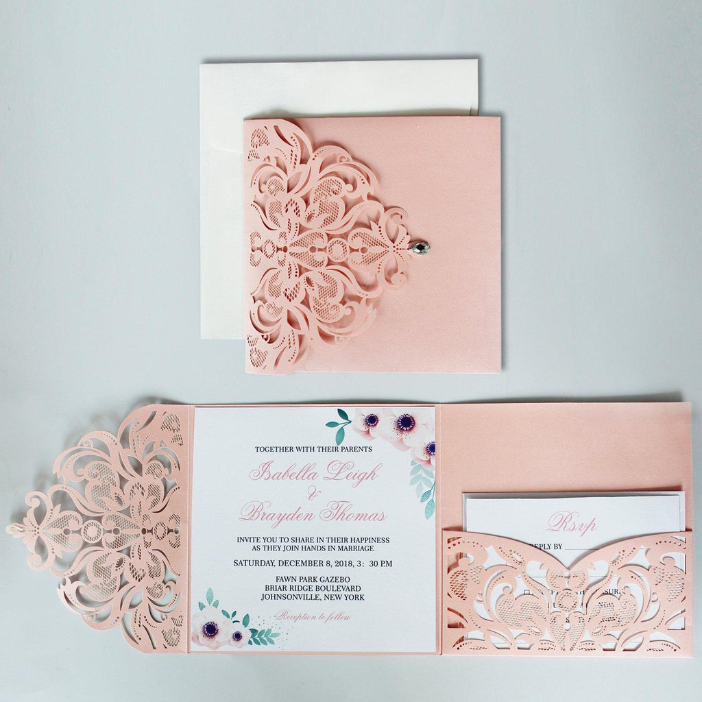 Pink Laser Cut Wedding Invitations Invites Card and RSVP Cards Picky Bride 