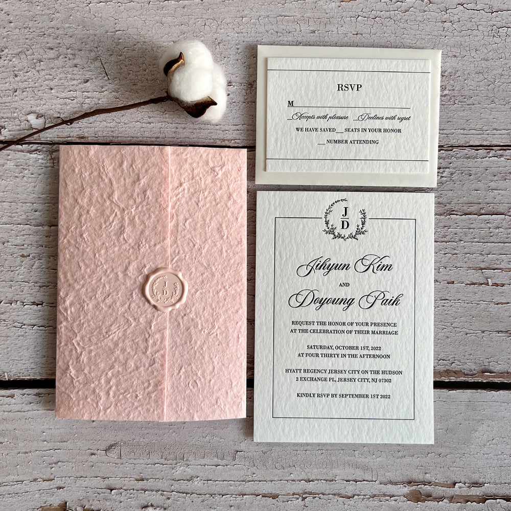 Pink Monogram Letterpress Wedding Invitation Suite with Wax Seal, Classic and Luxury Wedding Ceremony Supplies Picky Bride 