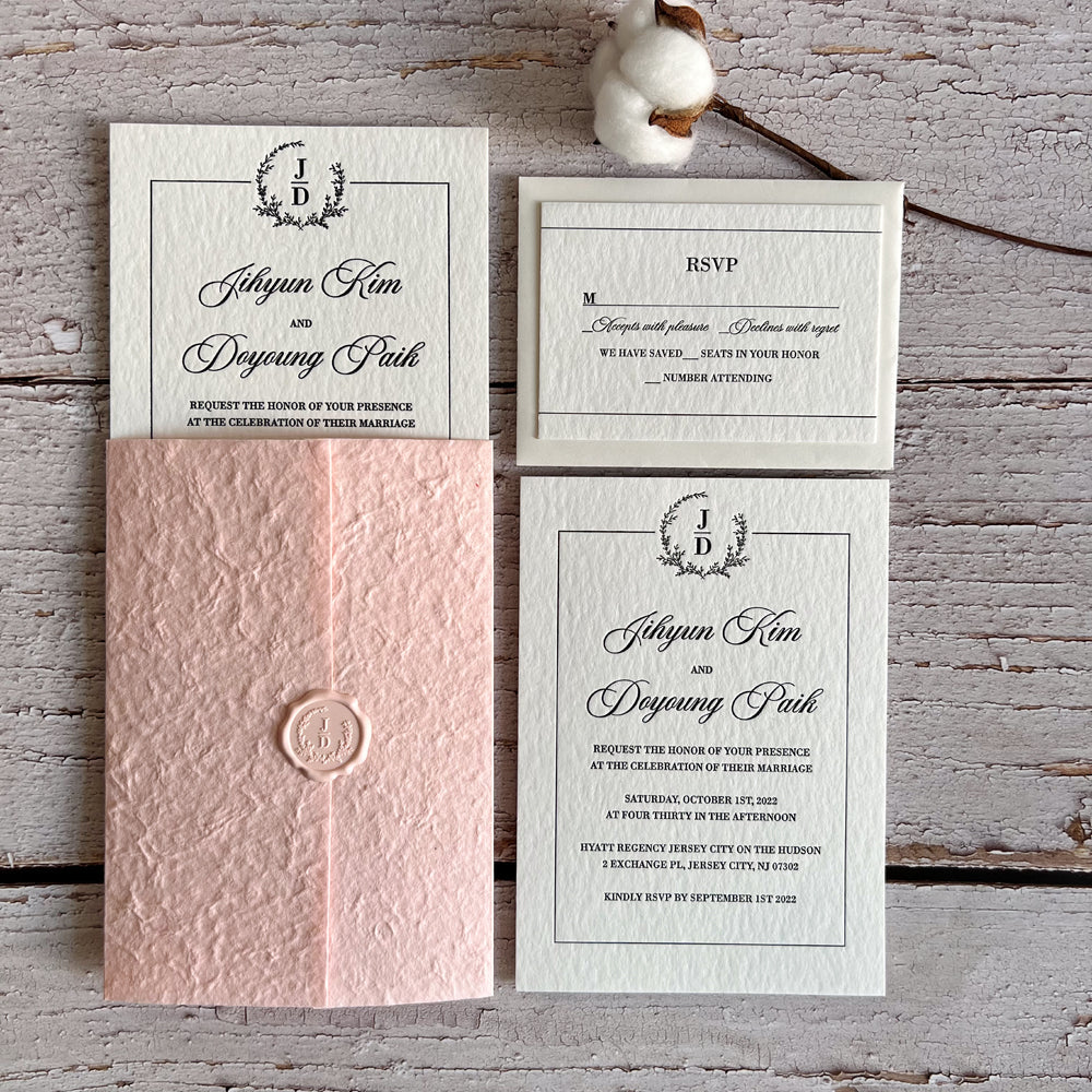 Pink Monogram Letterpress Wedding Invitation Suite with Wax Seal Clas