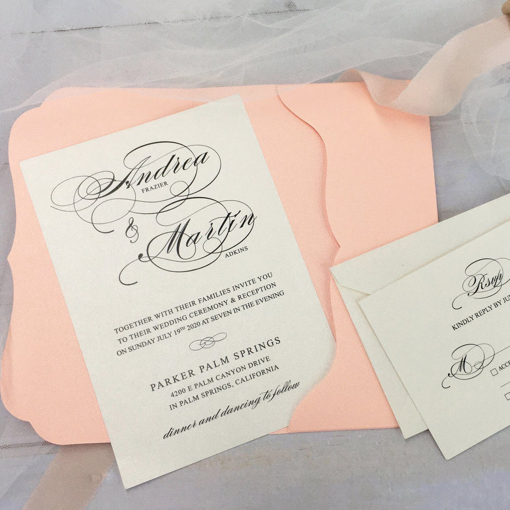 Pink Pocket Wedding Invitations Foil invitations Personalized Wedding Cards Picky Bride 