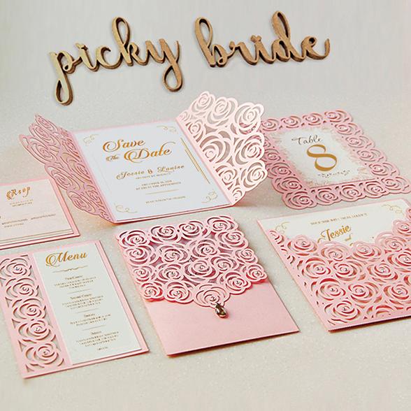 Pink Rose Wedding Invitations Laser Cutting Invitation Cards Shiny Wedding Invite Picky Bride 
