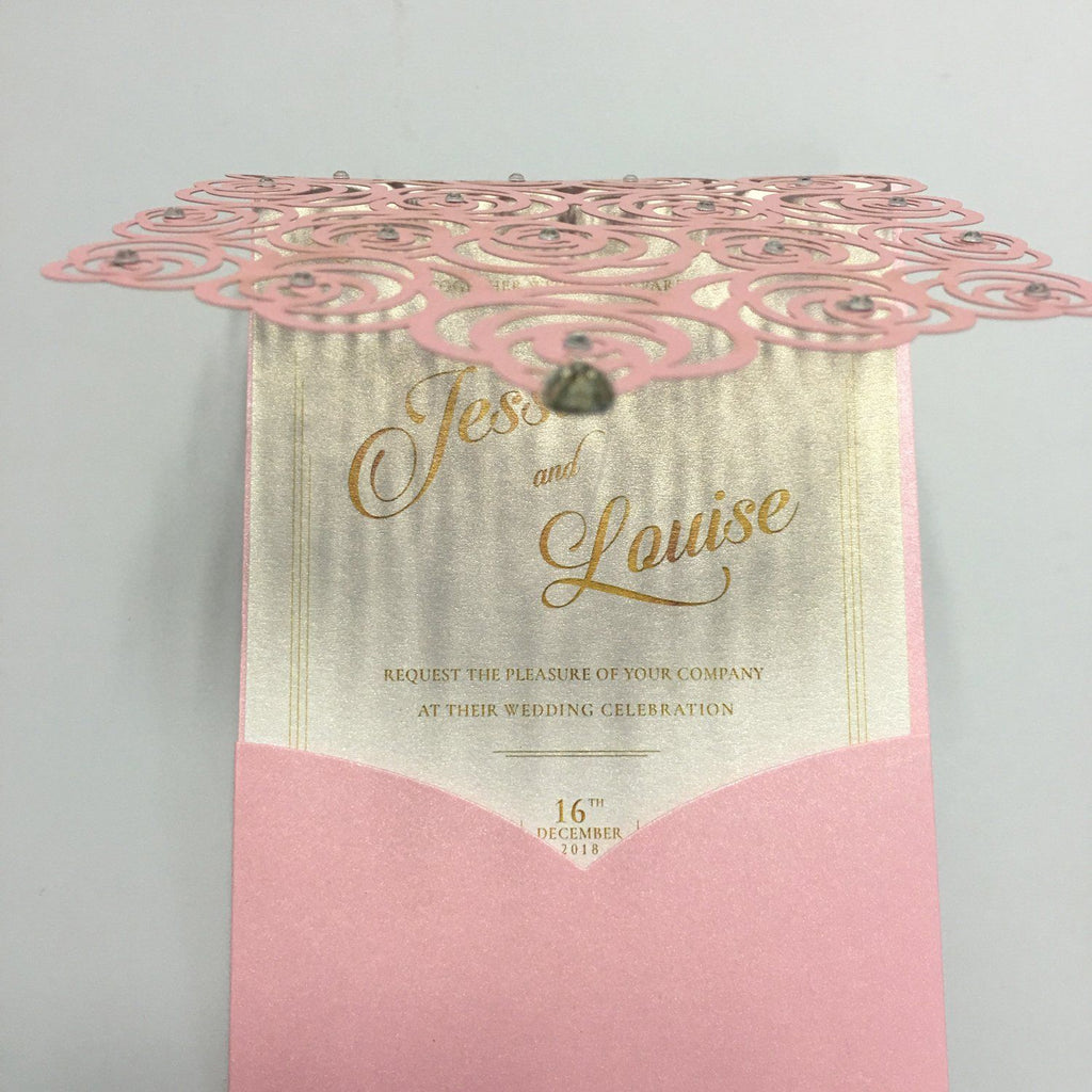 Pink Rose Wedding Invitations Laser Cutting Invitation Cards Shiny Wedding Invite Picky Bride 