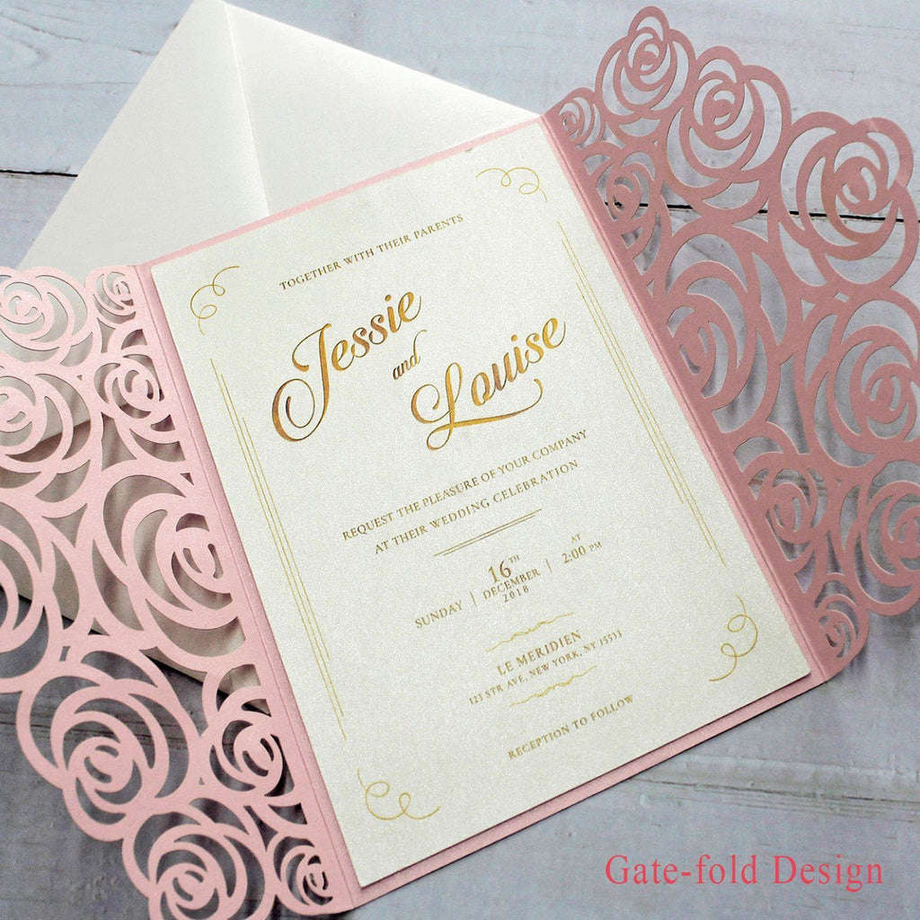 Pink Rose Wedding Invitations Laser Cutting Invitation Cards Shiny Wedding Invite Picky Bride Gate-fold Design 30 x $3.0 ea. 