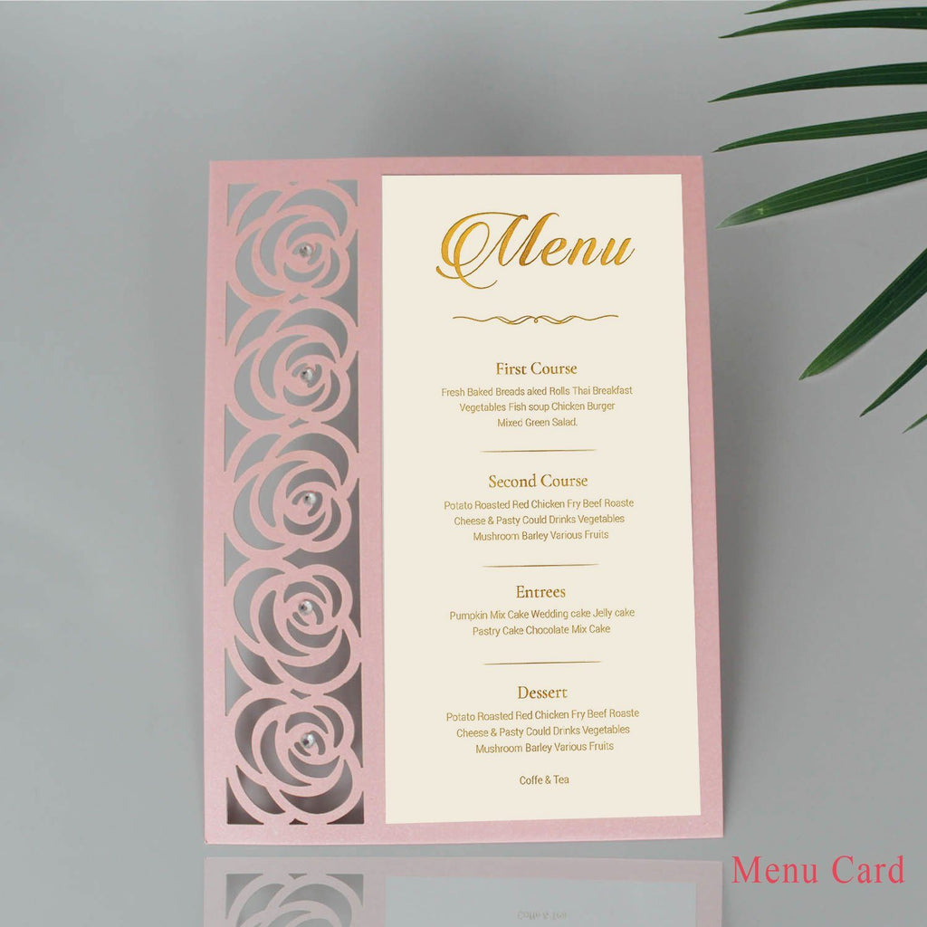 Pink Rose Wedding Invitations Laser Cutting Invitation Cards Shiny Wedding Invite Picky Bride Pink Menu Cards 1 x $1.0 ea. 