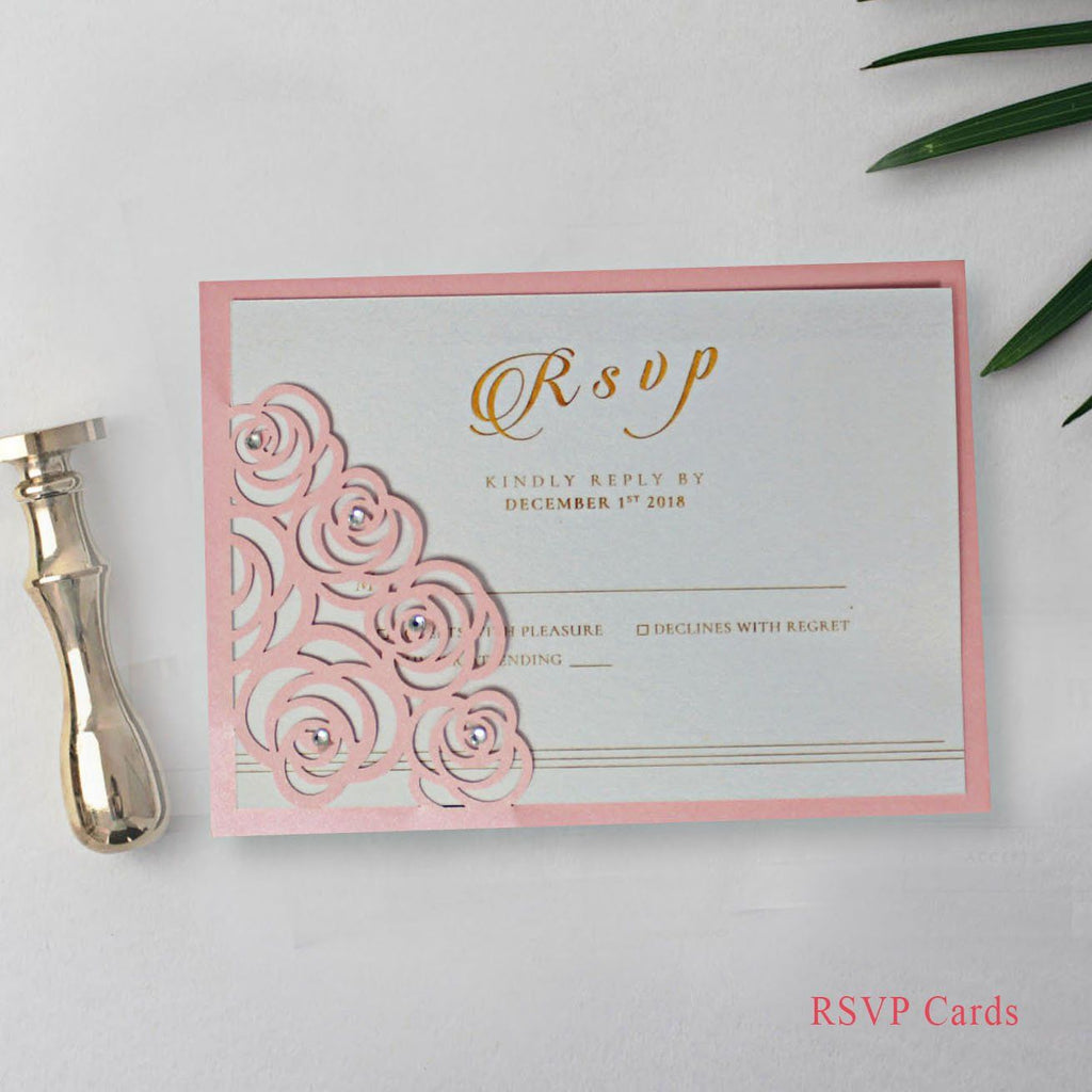 Pink Rose Wedding Invitations Laser Cutting Invitation Cards Shiny Wedding Invite Picky Bride Pink RSVP Cards 1 x $1.0 ea. 