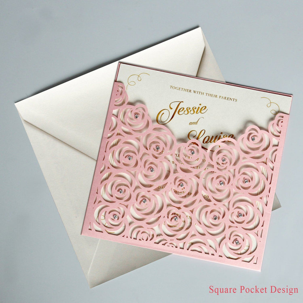 Pink Rose Wedding Invitations Laser Cutting Invitation Cards Shiny Wedding Invite Picky Bride Square Pocket Design 30 x $3.0 ea. 
