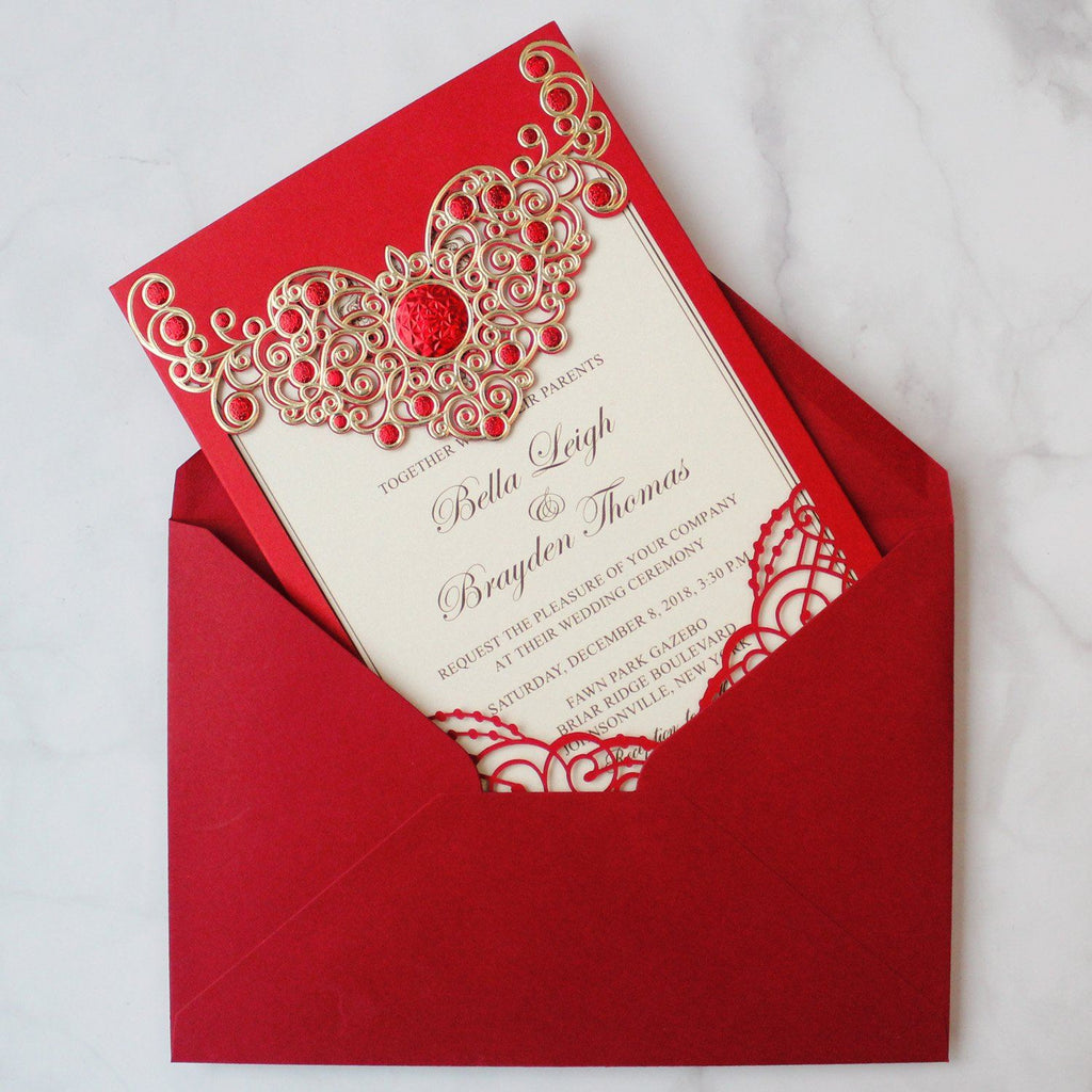 Red Lace Wedding Invitation Cards Red Wedding Theme PB2000-R Picky Bride 