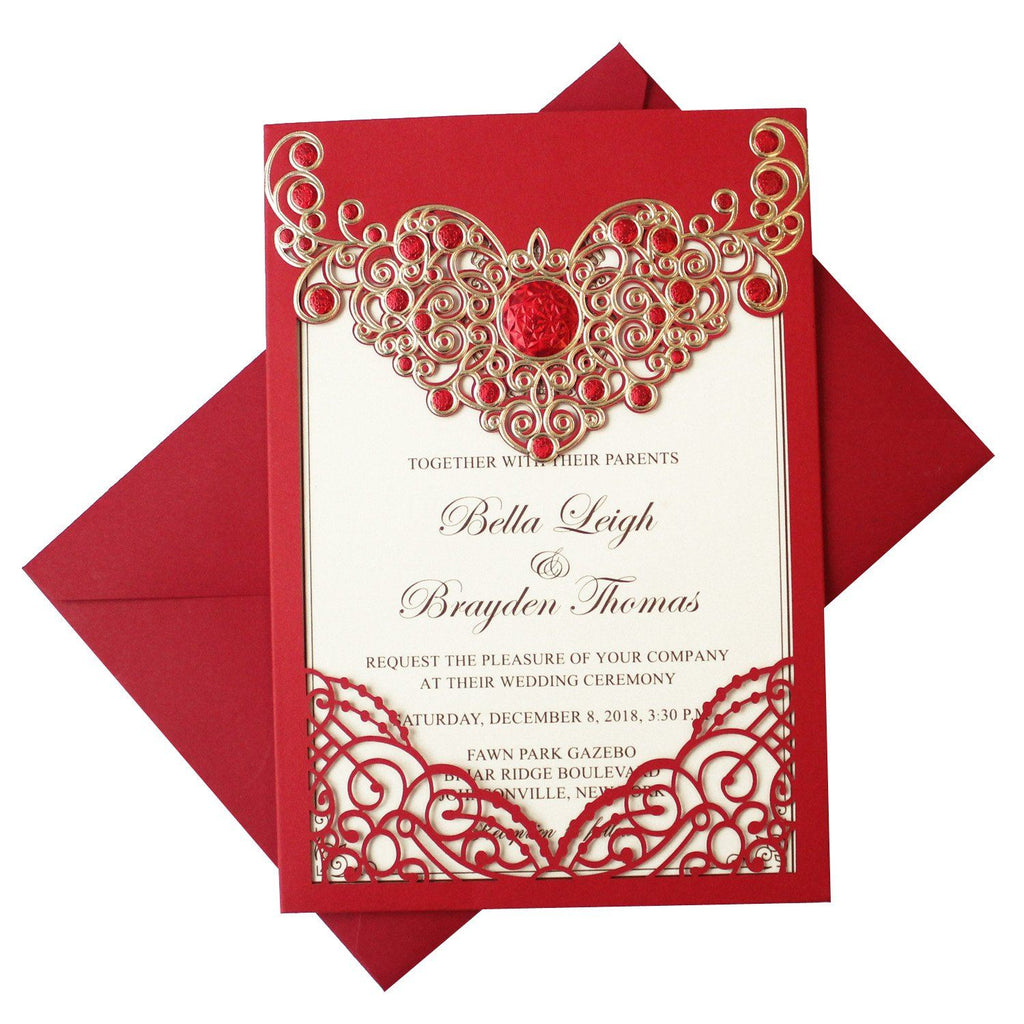 Red Lace Wedding Invitation Cards Red Wedding Theme PB2000-R Picky Bride 