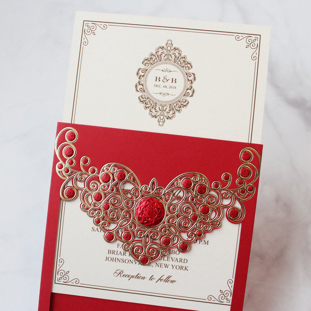 Red Lace Wedding Invitation Cards Red Wedding Theme PB2000-R Picky Bride 