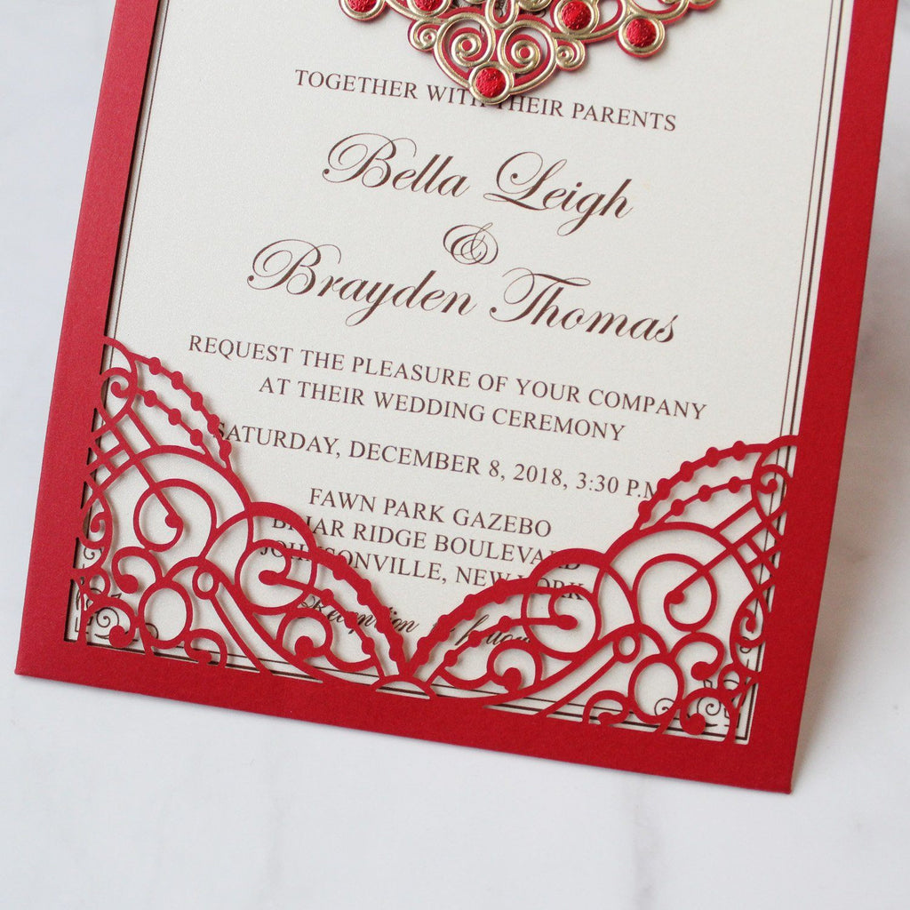 Red Lace Wedding Invitation Cards Red Wedding Theme PB2000-R