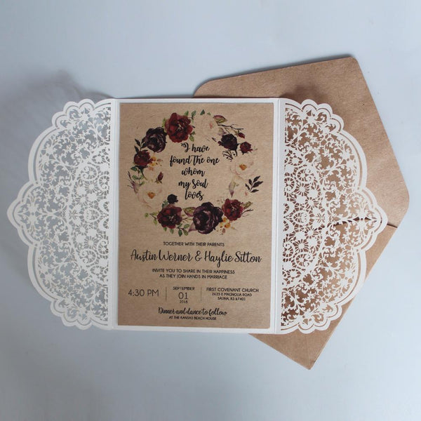 Romantic Laser Cut Wedding Invitations With RSVP, Snowy White Invitations for Wedding Picky Bride 