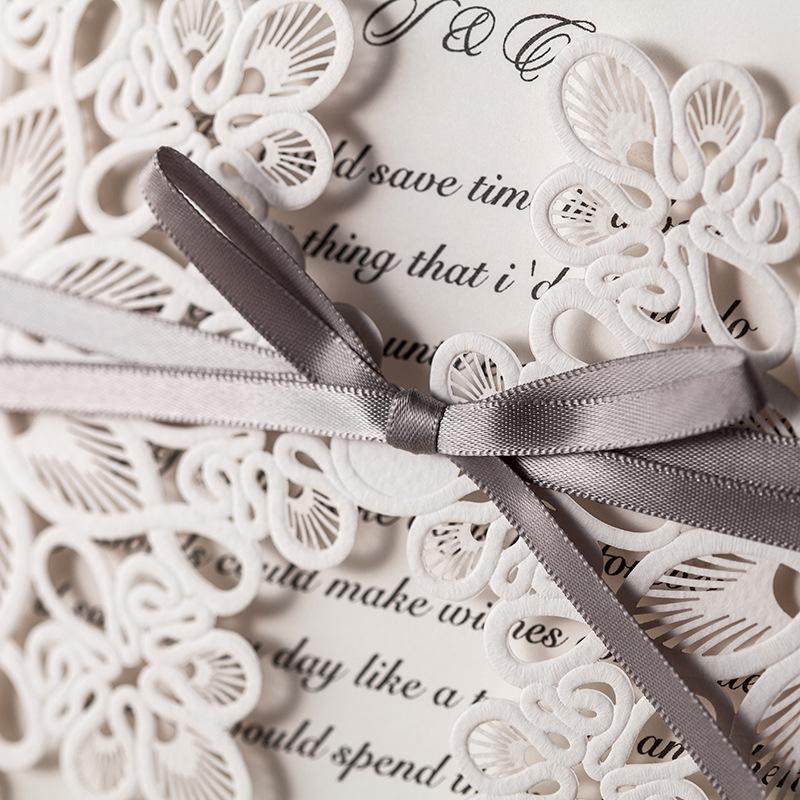 Rustic Wedding Invitations With Gray Ribbon Bow - Set of 50pcs Picky Bride 