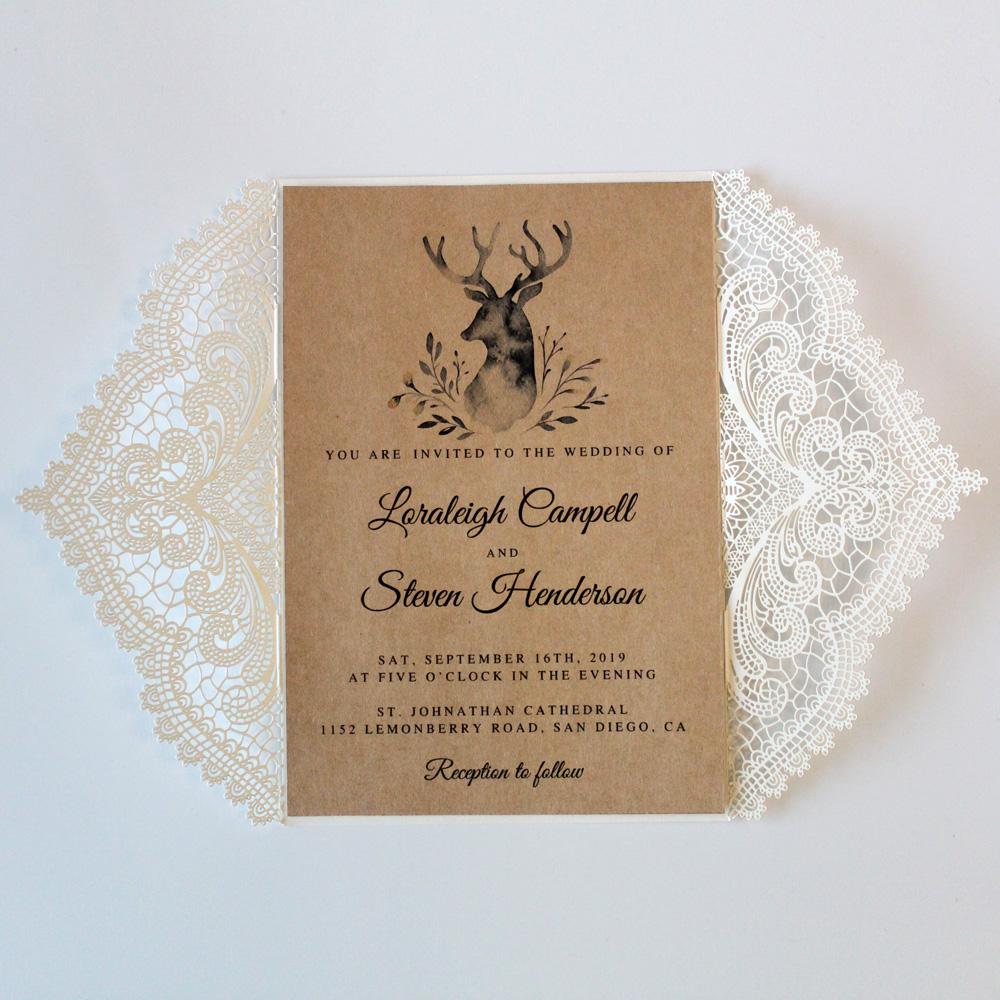 Rustic White Lace Wedding Invitation Cards with RSVP Cards Kraft Paper PB1990-R Picky Bride 