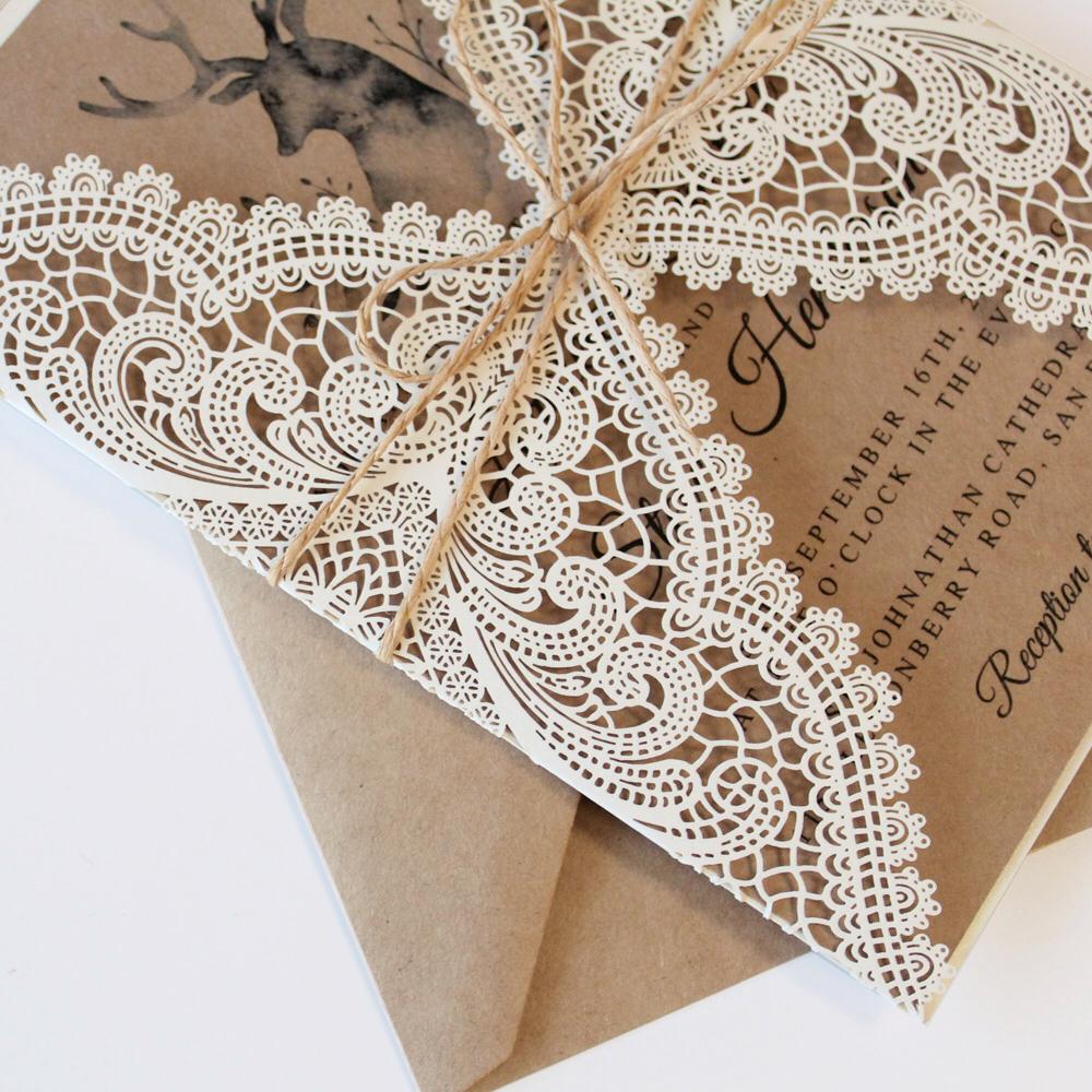 Rustic White Lace Wedding Invitation Cards with RSVP Cards Kraft Paper PB1990-R Picky Bride 