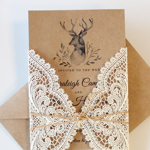 Rustic White Lace Wedding Invitation Cards with RSVP Cards Kraft Paper PB1990-R Picky Bride 