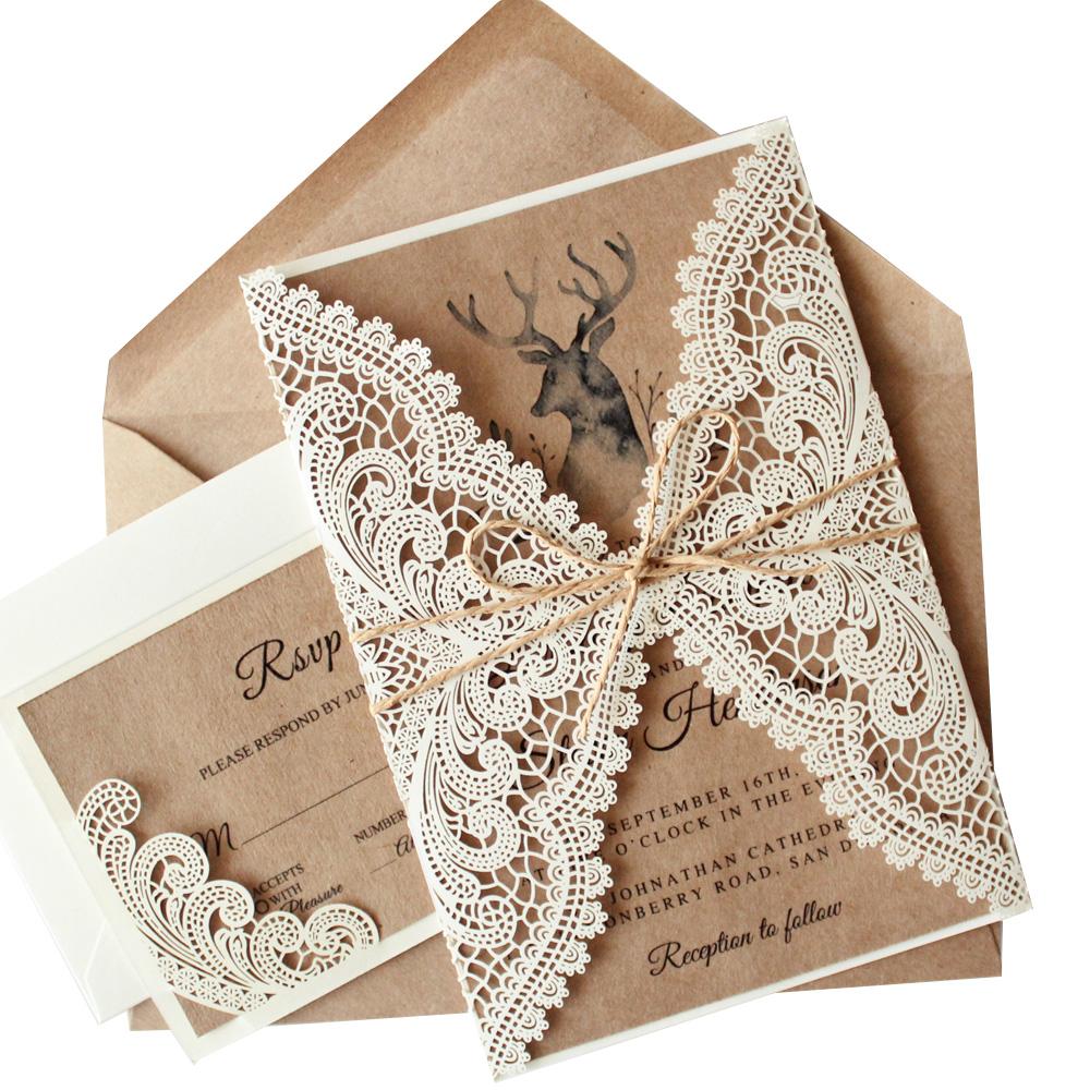 Rustic White Lace Wedding Invitation Cards with RSVP Cards Kraft Paper PB1990-R Picky Bride 