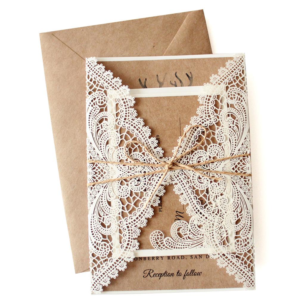 Rustic White Lace Wedding Invitation Cards with RSVP Cards Kraft Paper PB1990-R Picky Bride 