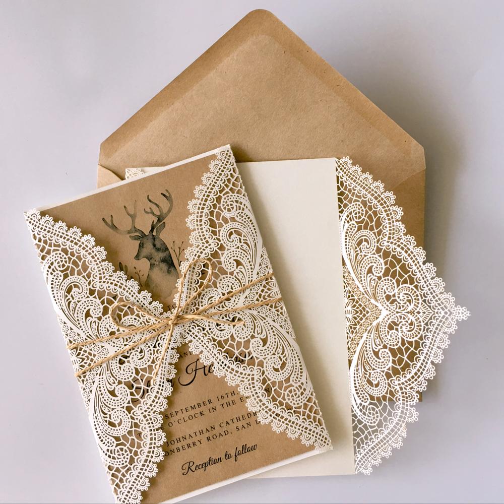 Rustic White Lace Wedding Invitation Cards with RSVP Cards Kraft Paper PB1990-R Picky Bride 